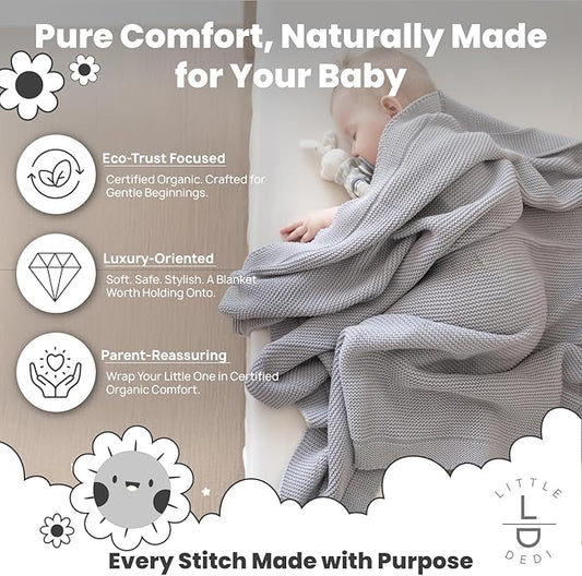 100% Organic Cotton Baby Knitted Blanket with Gift Box - Soft Toddler, Crib, Stroller Blanket - Neutral Swaddle and Receiving Blanket for Newborns, 30"x40", Harbor Mist