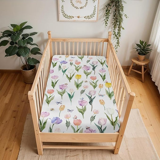 Watercolor Tulips Bees Baby Crib Sheets for Boy Girl 52"x28" Colorful Spring Floral Butterflies Soft Snug Fitted Crib Mattress Cover Garden Flowers Baby Sheet for Standard Crib & Toddler Mattress