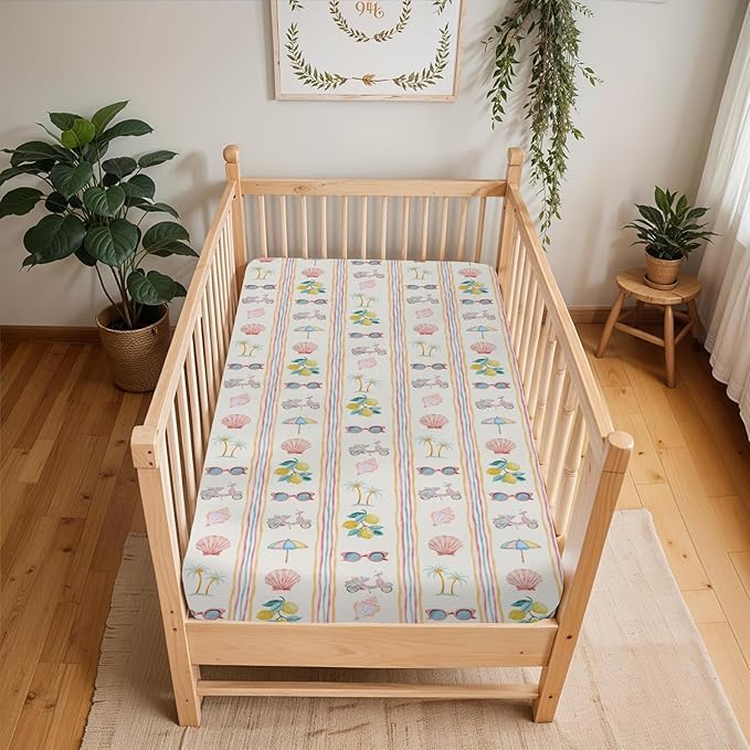 Boho Summer Beach Baby Crib Sheets for Girl 28"x52" Retro Lemon Palm Tree Sunglass Seashells Soft Snug Fitted Crib Mattress Cover Coastal Seaside Baby Sheet for Standard Crib & Toddler Bed Mattress