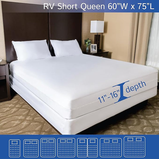 RV Short Queen Mattress Protector (60" Wx75 L) Waterproof Zippered Encasement Hypoallergenic Premium Bed Cover Protects Against Bedbugs Dust Allergies