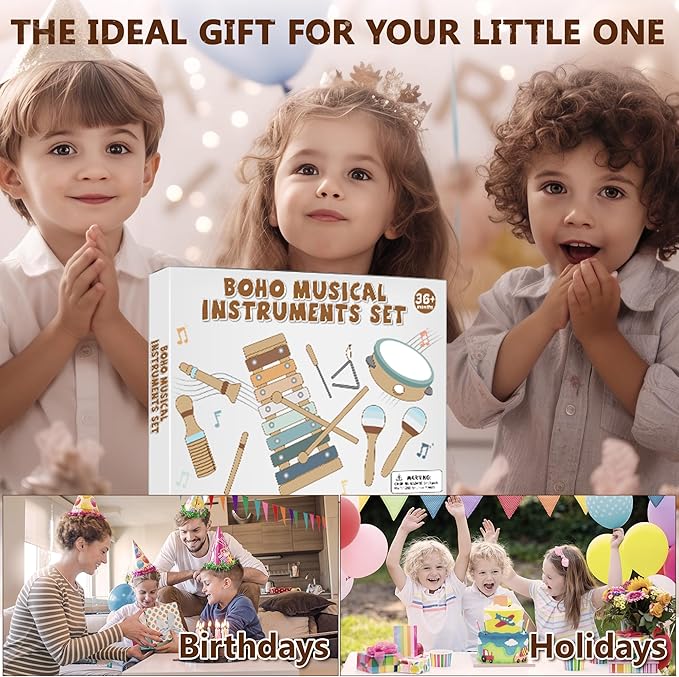 Baby Musical Instruments | Montessori Wooden Toys for Toddlers, Neutral Color Percussion Instruments Set with Xylophone Tambourine, Educational Musical Toys for Boys Girls 3+