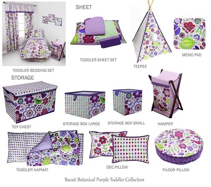 Bacati - Botanical Sanctuary Purple 4 Piece Cotton Girls Toddler Bedding Set 100 Percent Cotton Includes Reversible Comforter, Fitted Sheet, Top Sheet, and Pillow Case for Girls