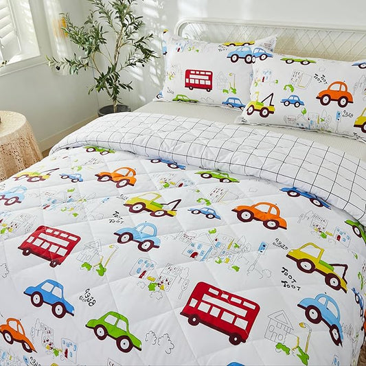 Brandream Kids Comforter Set Queen Full Size Cotton Boy Quilt Set 3-Piece Cars Trucks Bedding Set Lightweight Quilts