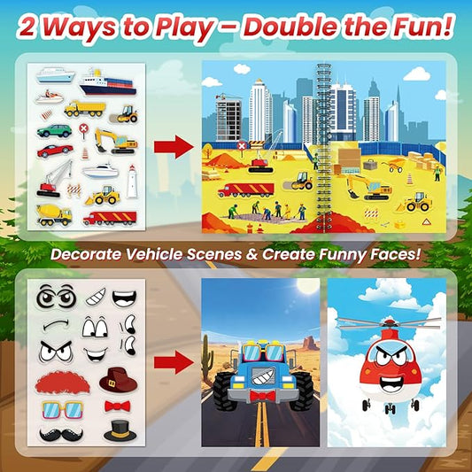 Cars Reusable Sticker Book for Toddlers, DIY Make-a-face Fun Jelly Stickers, Washable Puffy Stickers for Kids Toys, Airplane Road Trip Travel Activities Essentials for Kids 3 4 5 Years