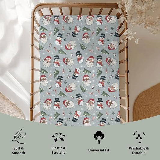 Vintage Christmas Baby Crib Sheets for Boy Girl 28"x52" Xmas Santa Snowman Tree Soft Stretchy Fitted Crib Mattress Cover Winter Holiday Baby Sheet for Standard Crib and Toddler Mattress