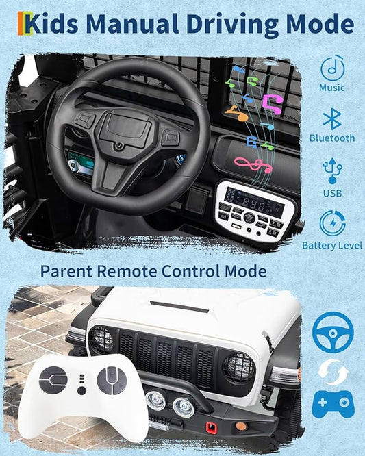 2 Seats 24V Kids Electric Ride on Car with Remote Control, 20" Large Seat with 2 Safety Belts, Two 200W Battery Powered Electric Vehicle for 3+ Years, LED Light,Music,Horn,USB Port, Riding Toy,White