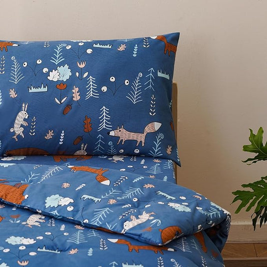 KAREVER Cartoon Toddler Bedding Set Bear Fox 4 Pieces Crib Bed Set Kids Navy Blue Animal Print Comforter Set