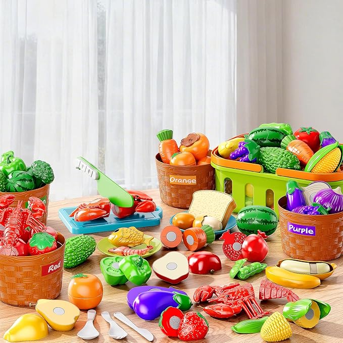 Play Food Set for Kids, Toddler Learning Toys, Cutting Food Toy Color Sorting Set, Pretend Food Play Kitchen Accessories for Kids, Birthday Gifts for 3-8 Years old Boys Girls Educational Toys