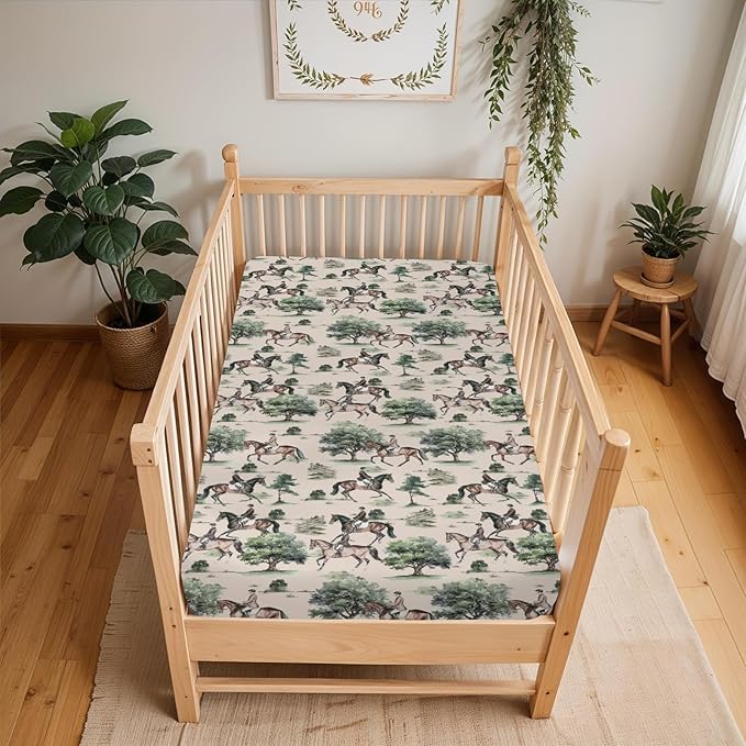 Watercolor Horses Trees Baby Crib Sheets for Boy Girl 52"x28" Vintage Horse Riding Soft Stretchy Fitted Crib Mattress Cover Wild West Animal Baby Sheet for Standard Crib and Toddler Bed Mattress