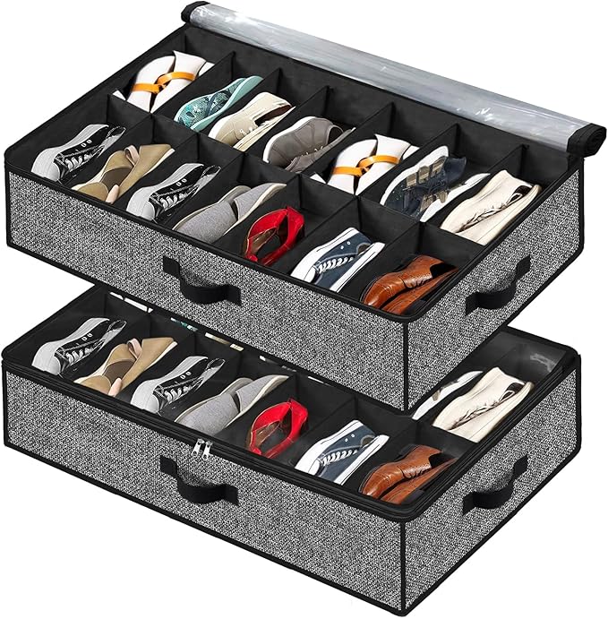 Meerainy Under Bed Shoe Storage Organizer for Closet 2 Pack- Fits 32 Pairs Underbed Shoes Container Boxes Black
