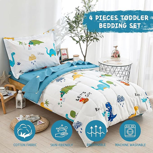 DJY Cotton Toddler Bedding Set for Boys Girls, 4 Pieces Dinosaur Toddler Bed Comforter Set, Includes Quilted Comforter, Flat Sheet, Fitted Sheet and Pillowcase