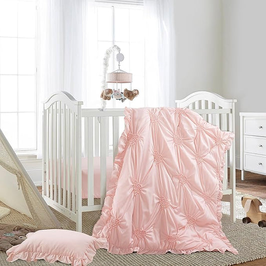 HOMBYS 3 Pieces Princess Pink CribBedding Set for Baby Girls, Ultra Soft Blush Pinch Pleat Comforter Set with Ruffles for All Season