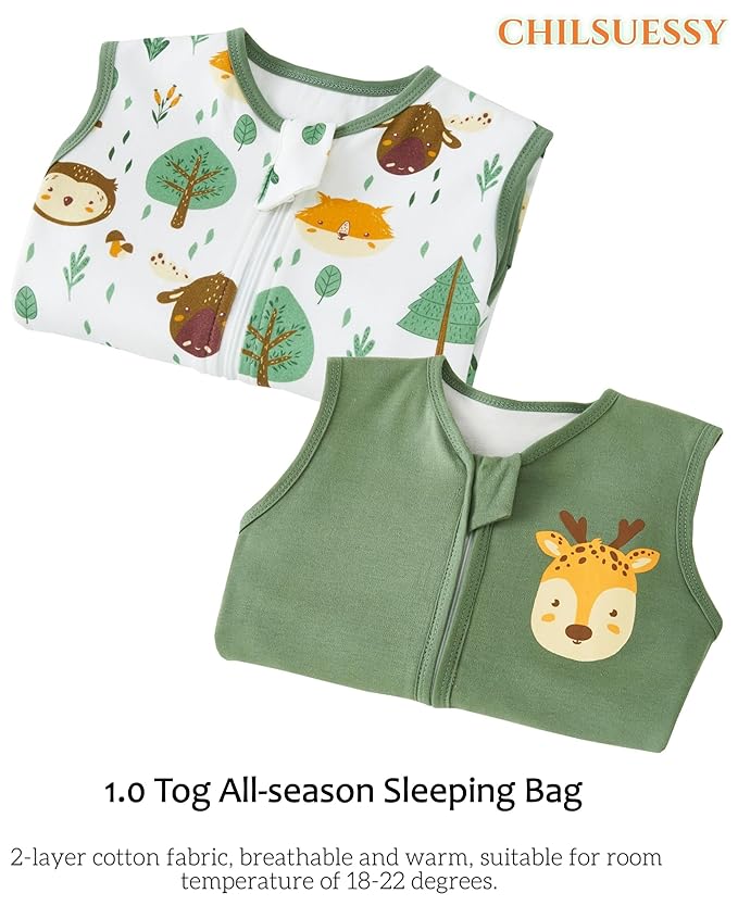 Toddler Sleep Sack with Feet 4-5 T, 1.0 TOG Cotton Baby Wearable Blanket with Legs, Sleep Bag Walker with 2-Way Zipper, Forest Animals+Green