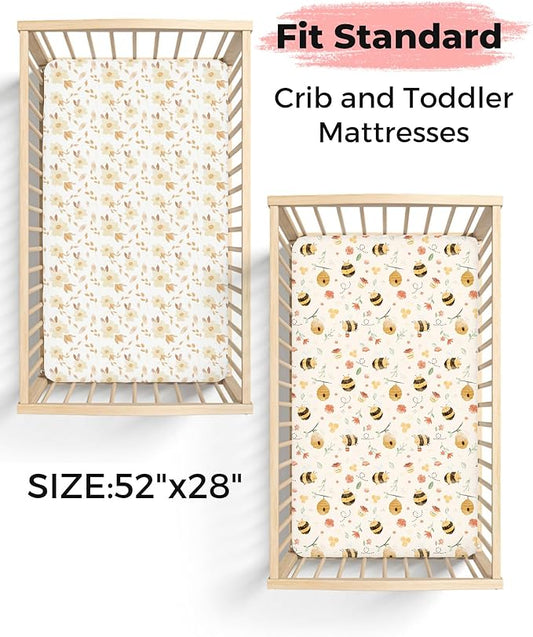 Crib Sheets for Boys and Girls, 2 Pack Fitted Baby Sheets for Standard Toddler Mattress 28" x 52", Soft Breathable Jersey Knit Baby Bedding (Honeybee Dreams)