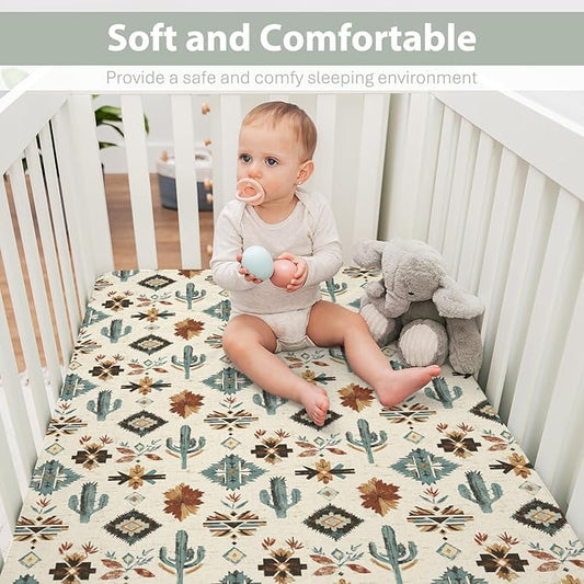 Tribal Cactus Totem Baby Crib Sheets for Boy Girl 28"x52" Vintage Cactus Soft Stretchy Fitted Crib Mattress Covers Western Cactus Nursery Baby Sheets for Standard Crib and Toddler Bed Mattress