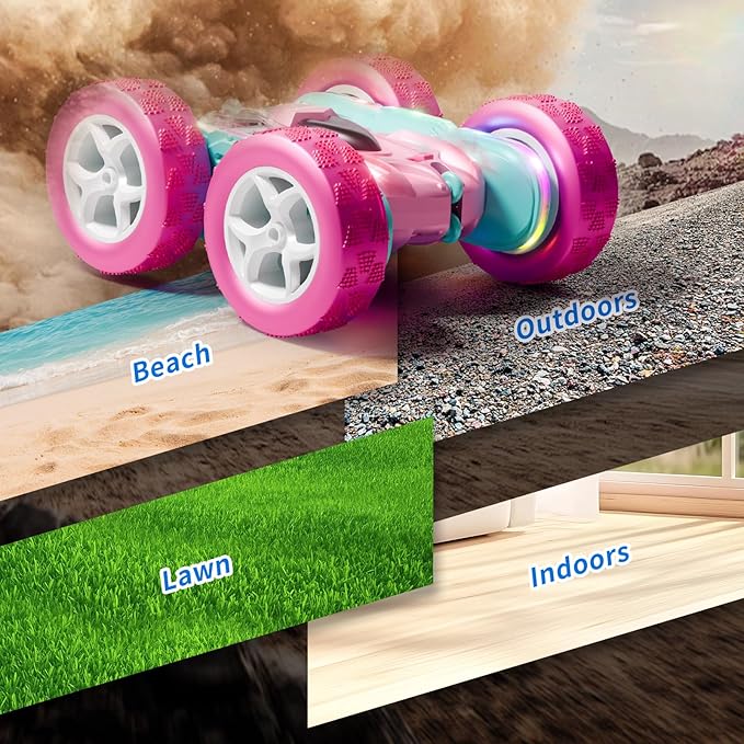 RC Car Pink 4WD Remote Control Car 360° Flip Double‑Sided LED Light Bar & Quick‑Swap USB‑C Modular Battery, 2.4 GHz No‑Interference Popular Outdoor Beach Toy, Popular Gift for Girls Ages 6‑12