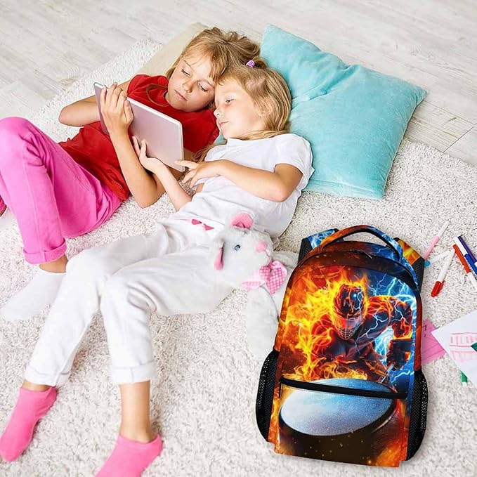 CustomWish Boys Backpack for School - Ice Hockey Backpacks for Kids Teens Elementary Middle Primary High Senior - 17 Inch Lightweight Large Capacity Sport Themed Bookbag Gift