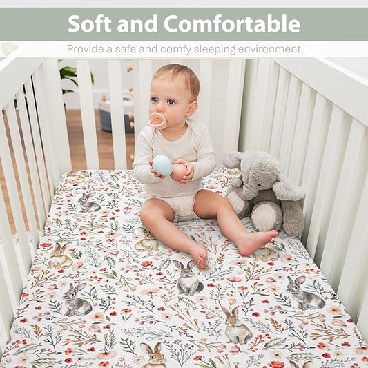 Vintage Rabbit Boho Floral Baby Crib Sheets for Boy Girl 52"x28" Retro Bunny Wild Flowers Soft Stretchy Fitted Crib Mattress Cover Spring Garden Animal Baby Sheet for Standard Crib & Toddler Mattress