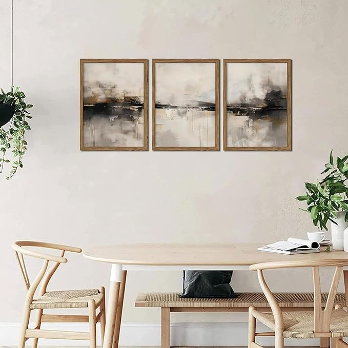 Neutral Abstract Wall Art Set of 3, Modern Black Brown Abstract Wall Decor Paintings, Minimalist Beige Textured Prints Pictures for Living Room Bedroom Office Home Decor 16x24 Inch Wood Framed