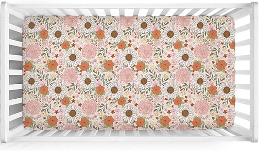 Retro Boho Floral Baby Crib Sheet 52''x28'' Vintage Flowers Stretchy Fitted Crib Mattress Sheet for Boy Girl Wild Flowers Summer Soft Baby Nursery Bed Sheets for Standard Crib and Toddler Mattress