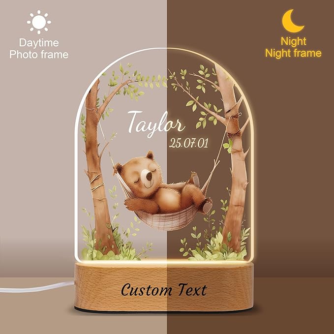 IOUMAM Personalized Baby Gifts for Kids Cute Bear Name Night Light for Boys Girls, Custom LED Acrylic Plaque Lamp for Toddler, Christmas Newborn Baby Shower Gifts for Children's Room Nursery Decor