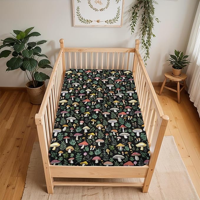 Colorful Mushrooms Green Leaves Baby Crib Sheets for Boy Girl 28"x52" Fall Mushroom Soft Stretchy Fitted Crib Mattress Cover Autumn Baby Sheet for Standard Crib & Toddler Mattress Pad