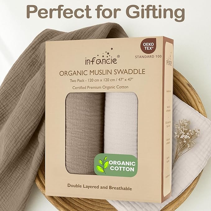 Organic Cotton Muslin Baby Blanket - 47x47 Inch Breathable Swaddle, Hypoallergenic Double-Layer, Versatile Use (Olive/Ivory, 47x47 Inch)