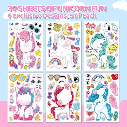 Aowplc 30 Sheets Make a Unicorn Stickers for Kids Party Favors, Birthday Decorations & Craft Activities