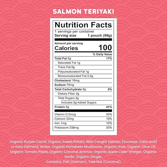 Serenity Kids + Months Baby Food Puree - Salmon Teriyaki Pouch, 3.5 oz, Pack of 6-5g Protein DV Wild-Caught Salmon Snacks - Nutrient-Packed Organic Baby Food Pouches - No Sugar Added Toddler Snack