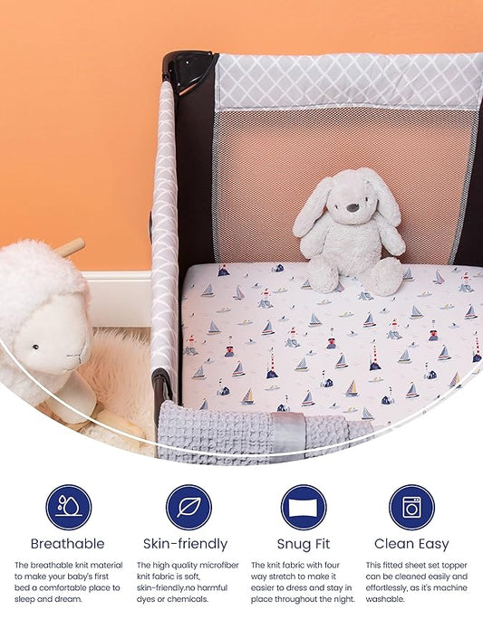 TotAha Premium Stretchy Pack N Play Playard Sheets | Mini Crib Sheets (2-Pack)-Hypoallergenic, Silky Comfort, Buttery Soft, Calming Effect, All-Season Jersey-Knit Sheets 38 X 24 (Balloon & Sailboat)