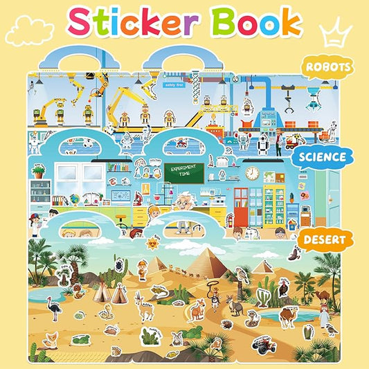 3 Sets of Reusable Jelly Stickers Books - Perfect for 3-6 Year Olds Jelly Stickers Books - Airplane and Car Travel Toys Educational Gifts for Boys and Girls (Robot+Science+Desert