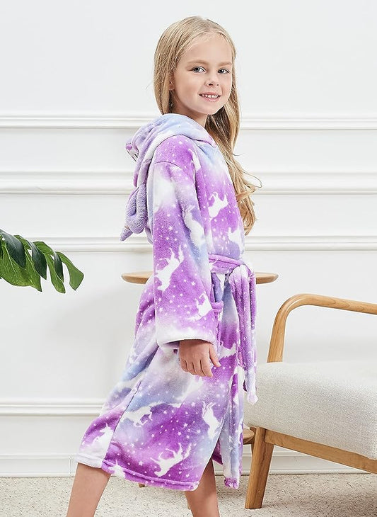 Soft Unicorn Hooded Robe with Matching Slippers Headband and Blindfold for Girls