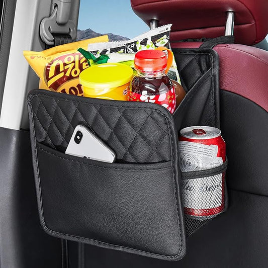 LXUNYI Car Organizer Back Seat, 2 Pack Waterproof Pu Leather Car Seat Storage Bag Large Foldable Universal Hanging Car Seat Back Organizer for Kids & Adults with Cup Holders Car Travel Accessories