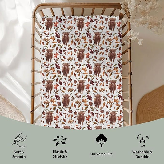 Autumn Highland Cow Fall Leaves Baby Crib Sheets for Boy Girl 28"x52" Yak Maple Leaves Soft Snug Fitted Crib Mattress Cover Thanksgiving Farm Animal Baby Sheet for Standard Crib & Toddler Bed Mattress