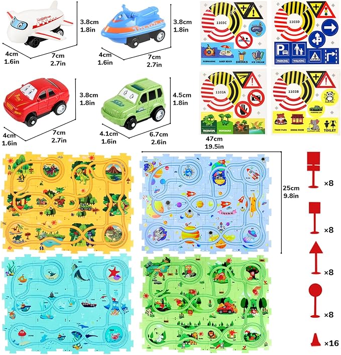 Puzzle Racer Kids Car Track Set, Kids Toys Boys 3-5, Toys for 3 4 5 6 Year Old Boys, Toys for Ages 3-4, Montessori Toys for 3+ Year Old, Fat Brain Toys(100Pcs, 4 Themes)