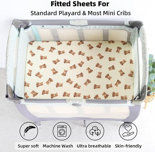LifeTree Crib Sheets for Baby Unisex - Muslin Fitted Crib Sheets Toddler Bed Sheet, 70% Viscose from Bamboo and 30% Cotton, Fits Mini Crib & Pack and Play Playard, Bear, 26in x 38in