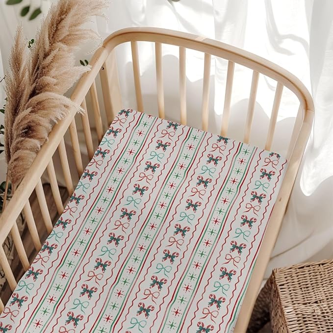 Red and Green Christmas Candy Stripes Bows Baby Crib Sheets for Boy Girl 52x28Inch Winter Christmas Soft Snug Fitted Crib Mattress Cover Festive Holiday Baby Sheet for Standard Crib & Toddler Mattress