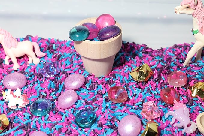 Unicorn Sensory Bin Kit for Kids – Pink, Purple & Blue Rice, Unicorn Figurines & Charms, Crystals & Wooden Tools – Includes Clear Storage Bin