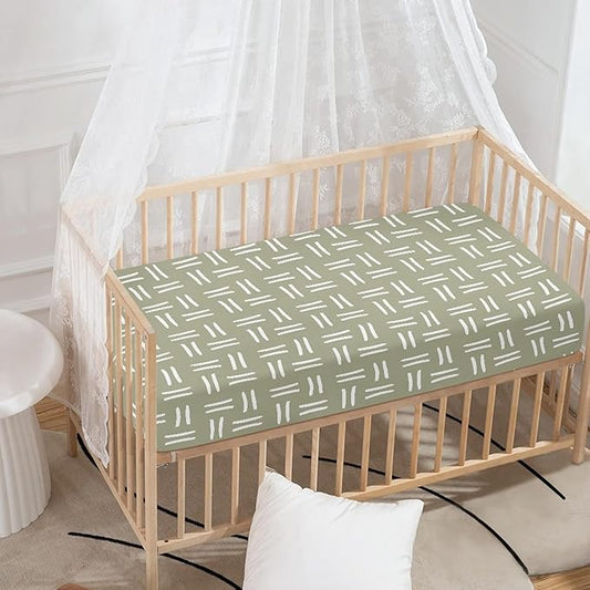 Sage Green Geometric Fitted Crib Sheet for Boys Girls Tribal Southwest White Line Stripe Baby Sheet for Standard Crib and Toddler Nursery Bed Mattress Sheets 28"x52"