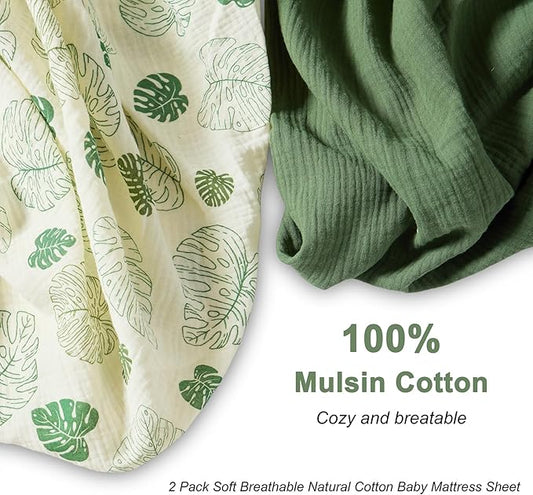 Zdolmy Muslin Crib Sheets for Girl Boy, 2 Pack 100% Cotton Crib Sheet for Standard Crib Mattress(28"x 52"), Fitted and Soft Breathable Crib Mattress Sheet, 360° Wrapping (Monstera & Dark Green)
