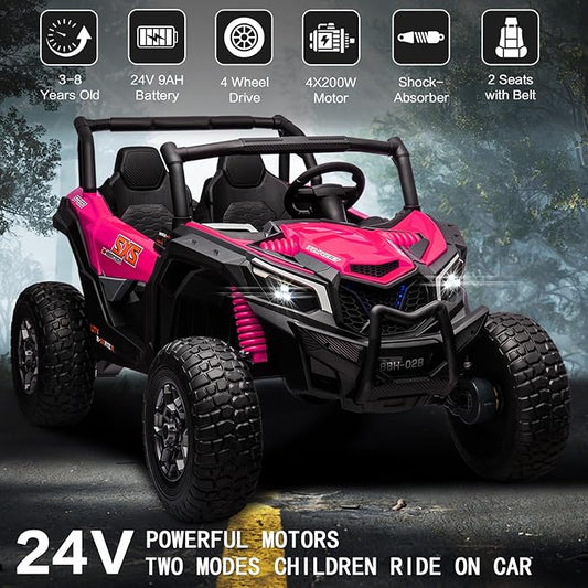 MOLACHI 24V Kids UTV with Remote Control, 2 Adjustable Seater 4WD Ride On Toy for Big Kids Ride On Truck with EVA Wheels, 3 Speeds Vehicle, LED Lights, 4 Shock Absorbers, Music & Horn, Bluetooth, Pink