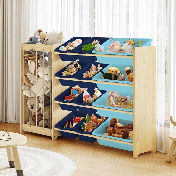 EXPERLAM Kids Toy Storage Organizer, 2-in-1 Stuffed Animal Storage & Toy Organizer w/12 Bins, Solid Wood Toy Rack Featuring Thicker Elastic Ropes, Playroom Nursery Bedroom Storage, Blue