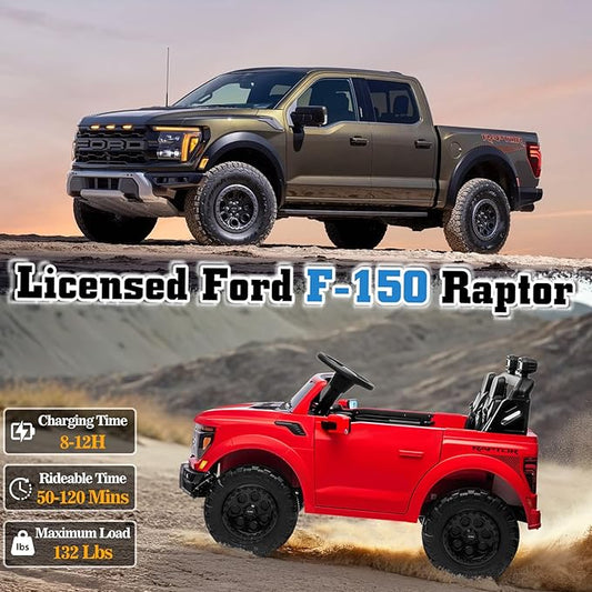 24V Ride on Car for Big Kids, Licensed Ford F-150 Raptor 2 Seater Ride on Toy with Remote Control, Ride on Track w/4-Wheeler Suspension, LED Lights, Bluetooth, Music, Soft Start (24V, Red)
