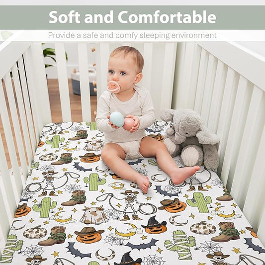 Western Halloween Cowboy Baby Crib Sheets for Boy Girl 52x28Inch Spooky Skeleton Pumpkin Cactus Witch Bats Soft Snug Fitted Crib Mattress Cover Wild West Country Baby Sheet for Crib & Toddler Mattress