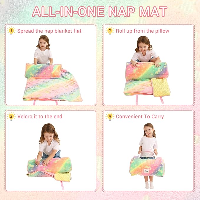 Toddler Nap Mat with Pillow and Blanket, Extra Large Rolled Napping Mats,Slumber Bags for Boys Girls,Kids Sleeping Bag for Daycare, Preschool Travel Camping