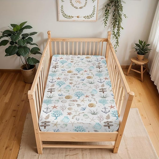 Ocean Boho Summer Baby Crib Sheets for Boy Girl 52"x28" Seashells Conch Starfish Corals Anchors Soft Stretchy Fitted Crib Mattress Cover Nautical Life Baby Sheet for Standard Crib & Toddler Mattress