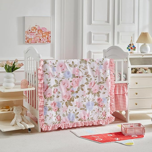 3 Piece Floral Crib Bedding Set, Soft Quilted Baby Comforter with Fitted Sheet & Ruffled Crib Skirt, Breathable and Cozy Shabby Chic Nursery Decor