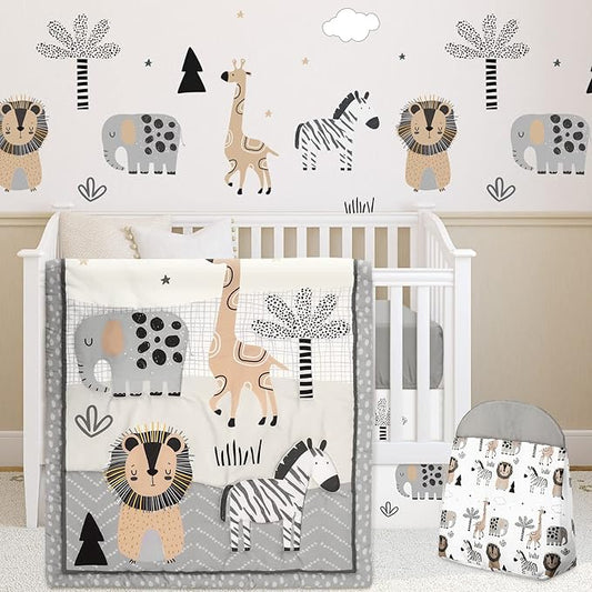 4 Piece Woodland Forest Animals Crib Bedding Set, Including Jungle Safari Crib Skirt, Blanket, Nursery Bed Sheet and Diaper Stacker, Soft Neutral Nursery Standard Size Baby Bedding for Baby Girls Boys