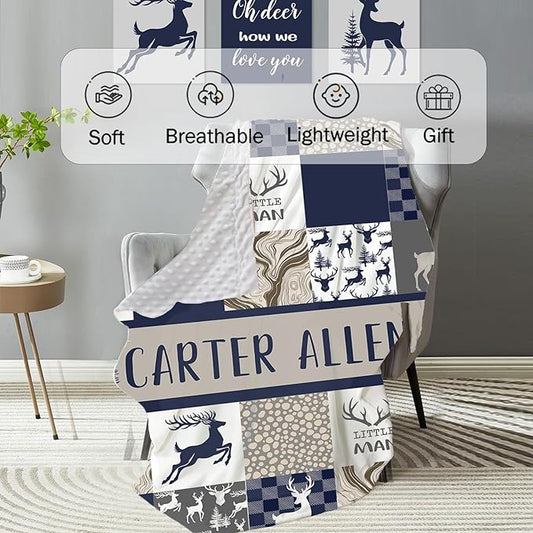 Personalized Baby Crib Bedding Set: 4 Piece Custom Gift Crib Bed Set with Name - Navy Deer Design, Nursery Bedding Set for Baby Girls,Newborn Boys Girls Crib Sets, Crib Bedding Shower Gifts