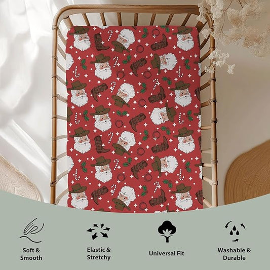 Red Cowboy Santa Christmas Baby Crib Sheets for Boy Girl 52x28Inch Western Santa Hat Boots Fir Leaves Soft Snug Fitted Crib Mattress Cover Wild West Baby Sheet for Standard Crib & Toddler Mattress